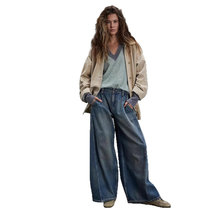 Ladies' extra wide high-waist palazzo jeans with a high waistband, drop crotch, and faded vintage look Mune Fashion