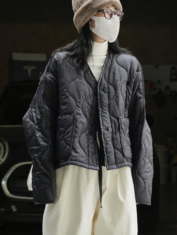 Women Short Cut Quilted Bomber Jacket with Light Padding Mune Fashion