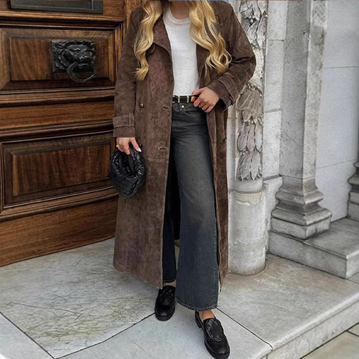 Women's Long Double-Breasted Trench Coat in Suede-Like with Waist Belt Mune Fashion
