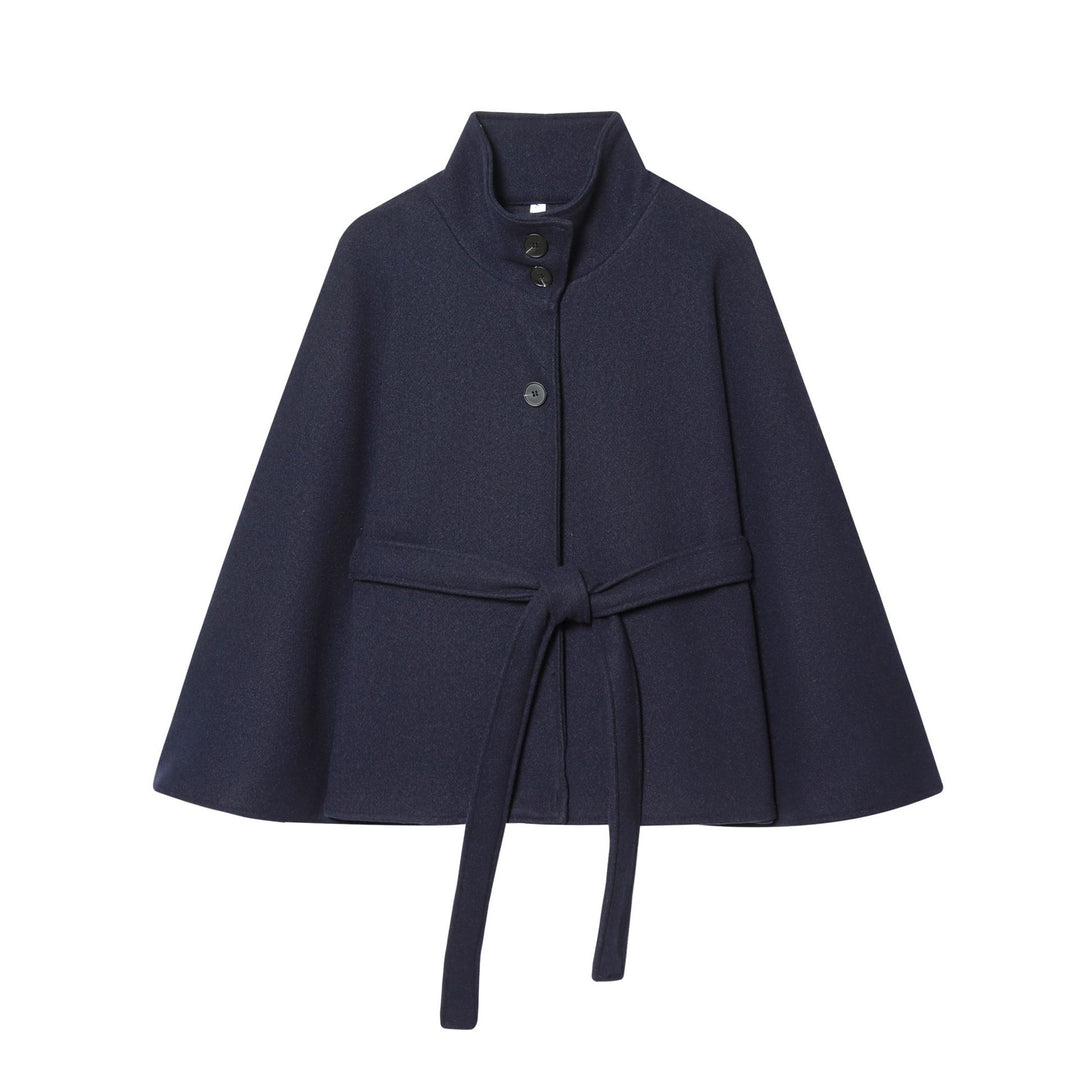 Women Short Cape Coat with Stand Collar, Button Placket and Tie Belt Mune Fashion