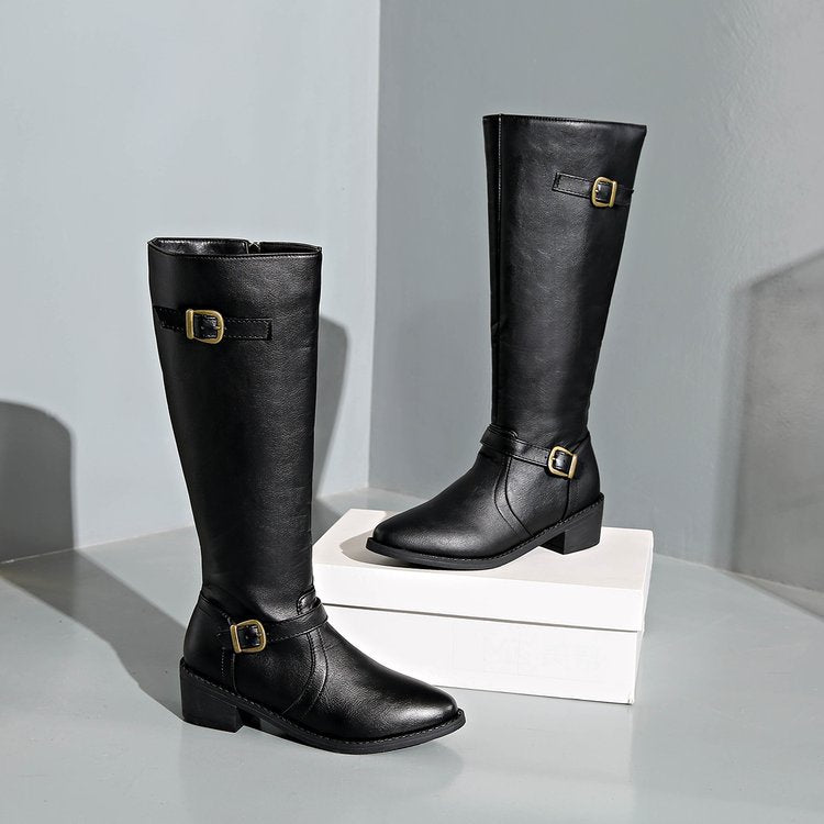 Women's knee-high riding boots with decorative buckles and ergonomic block heel Mune Fashion