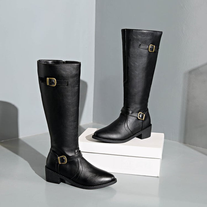 Women's knee-high riding boots with decorative buckles and ergonomic block heel Mune Fashion