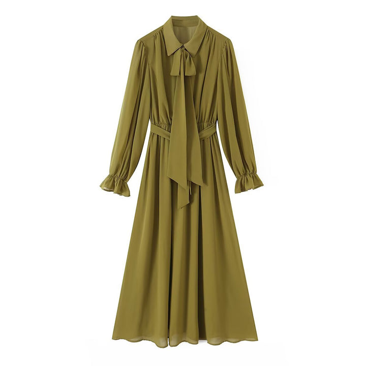 Women's chiffon maxi dress with tie bow, fitted knot band, and ruffled sleeves Mune Fashion