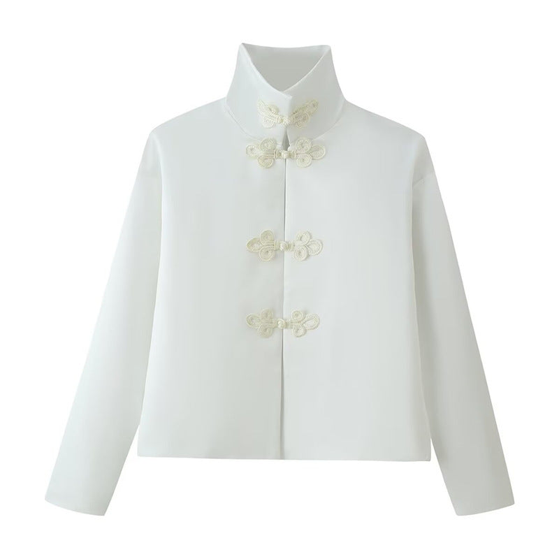 Women's short jacket with stand-up collar and decorative knot closures in Mandarin style Mune Fashion