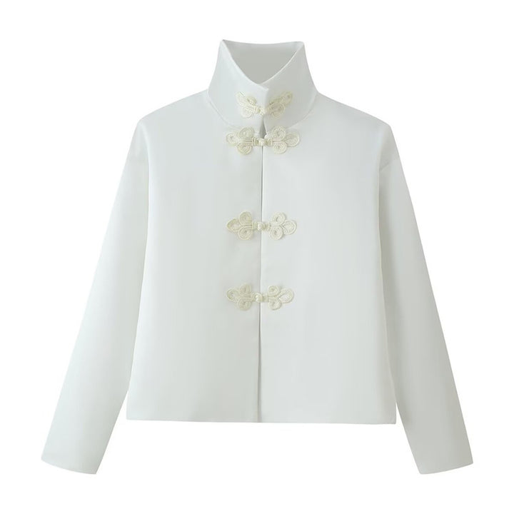 Women's short jacket with stand-up collar and decorative knot closures in Mandarin style Mune Fashion