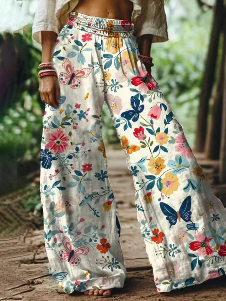 Women's Loose Summer Pants with Colorful Flower and Butterfly Print Mune Fashion