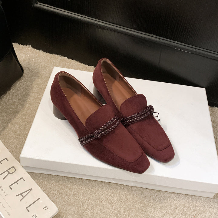 Women Suede Loafers with Braided Strap Detail and Low Block Heel Mune Fashion