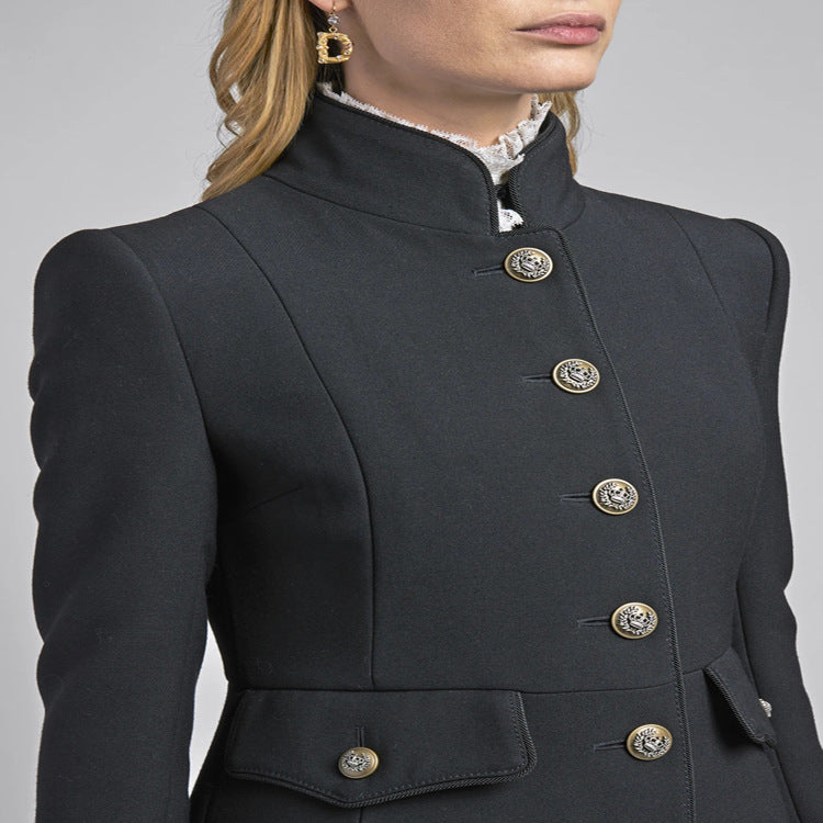 Women's Tailored Coat in Uniform Tailoring with Stand-Up Collar, Decorative Button Placket and Patch Pockets Mune Fashion