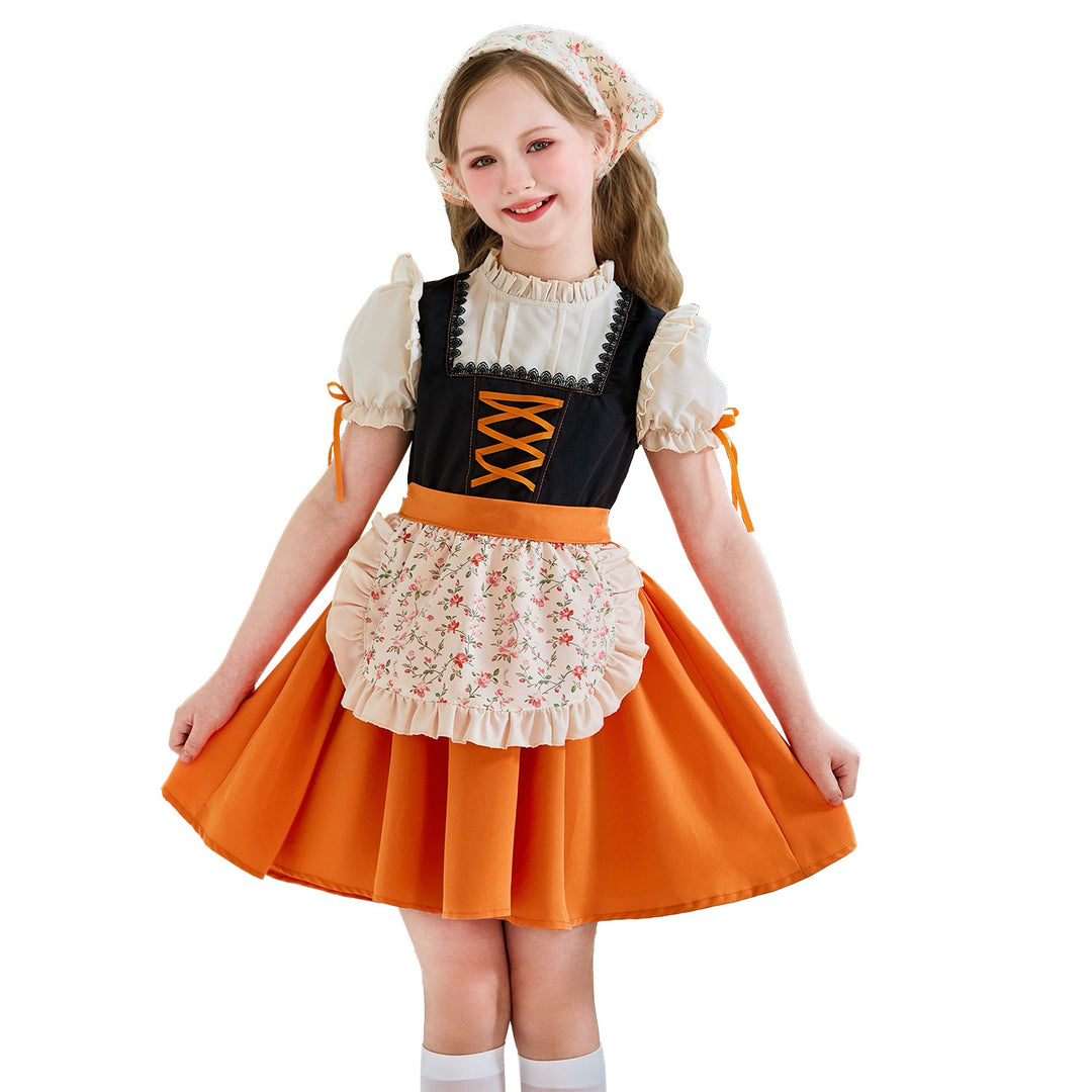 Women's traditional children's dirndl with lacing, ruffled apron, and headscarf Mune Fashion