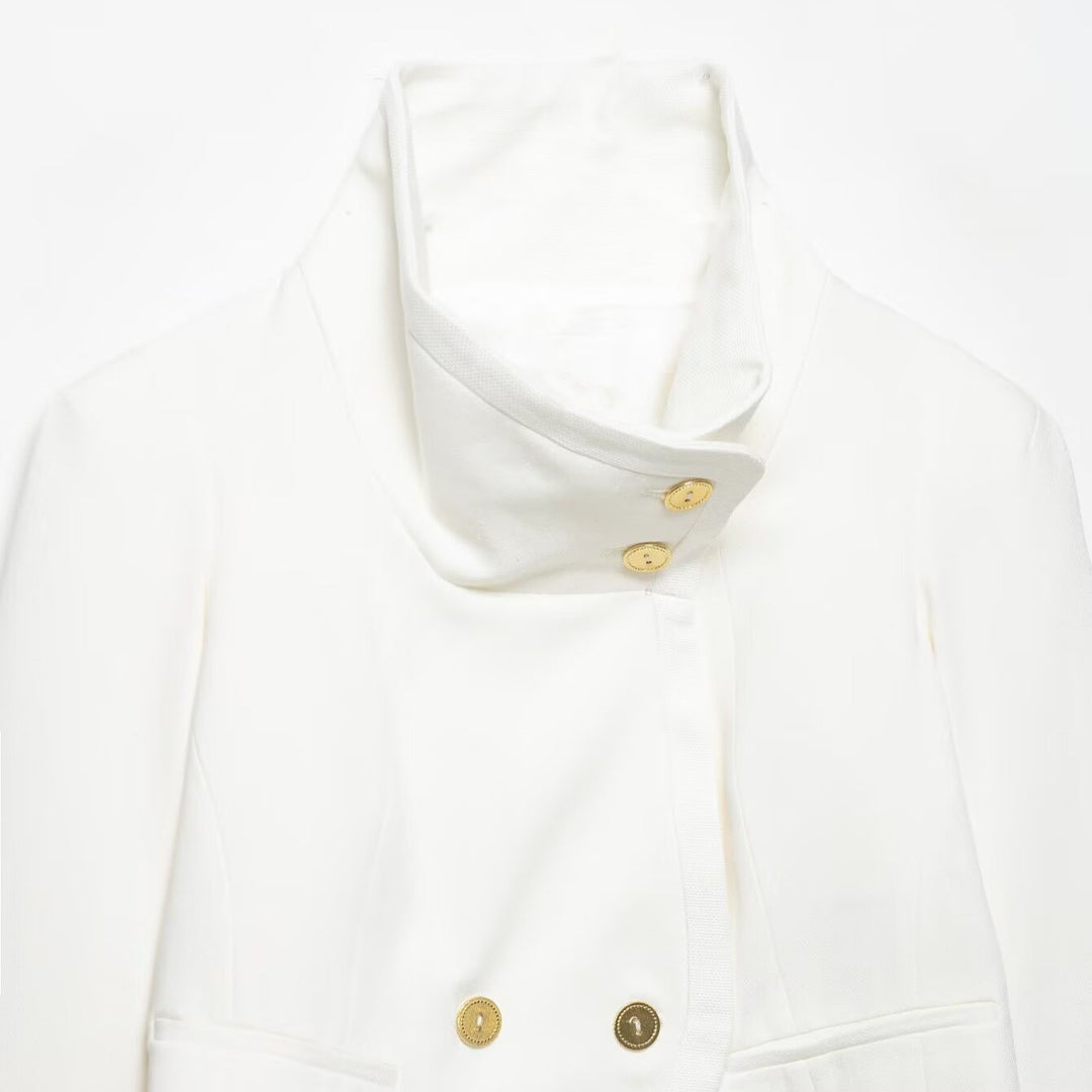 Women's Cropped Blazer with High Stand Collar, Double-Breasted Button Placket and Decorative Cuffs Mune Fashion