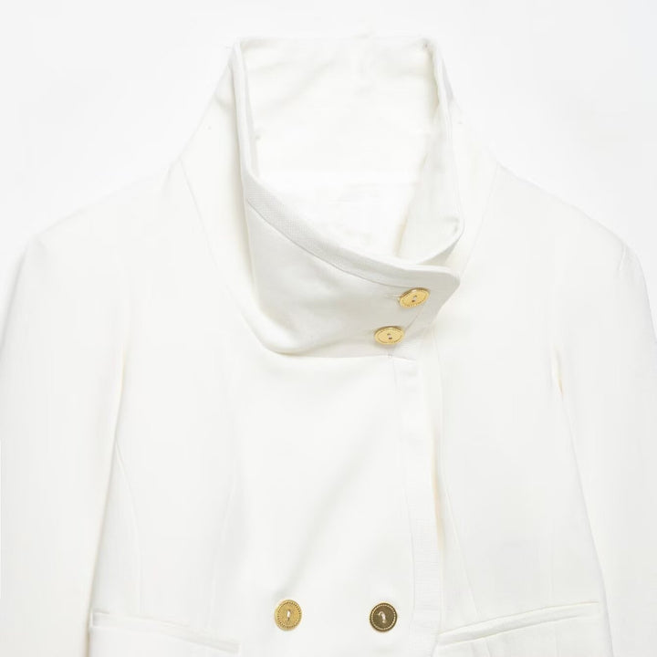 Women's Cropped Blazer with High Stand Collar, Double-Breasted Button Placket and Decorative Cuffs Mune Fashion