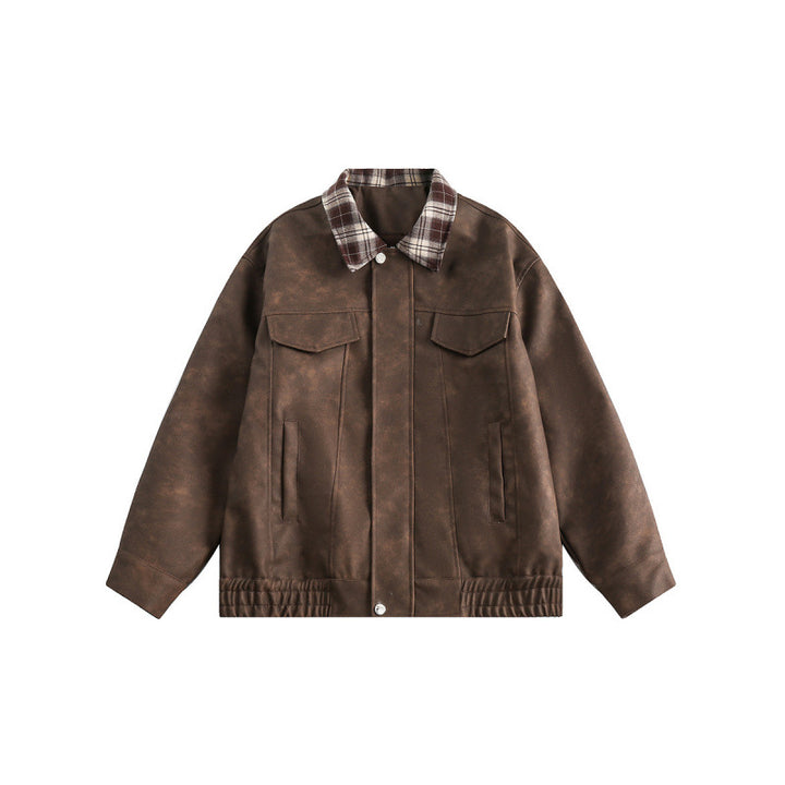 Men's suede look bomber jacket with checked shirt collar, flap pockets, and elastic hem Mune Fashion