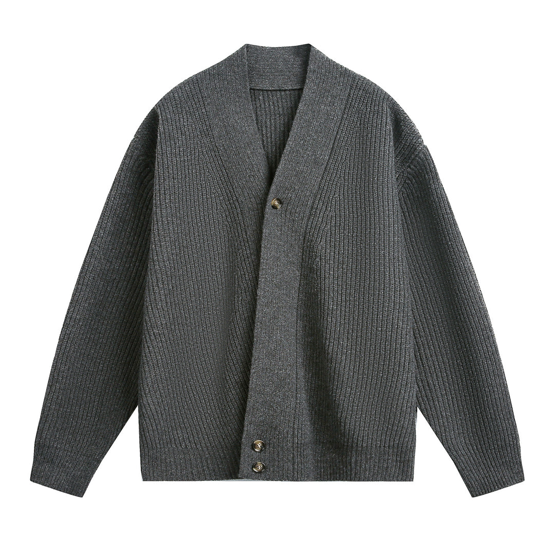 Unisex Oversize Chunky Knit Cardigan with Shawl Collar, Ribbed Structure and Asymmetric Button Placket Mune Fashion