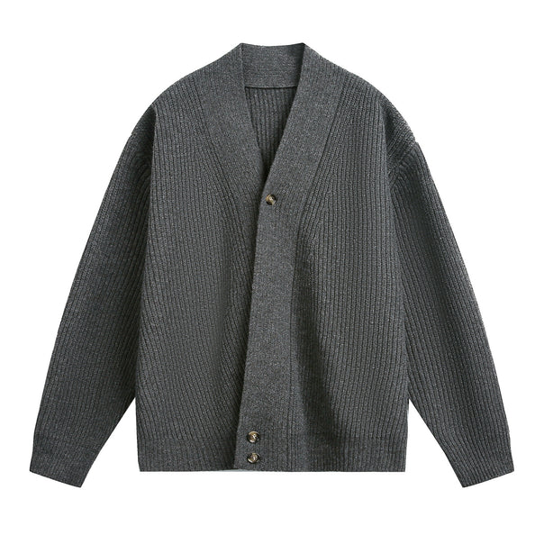 Unisex Oversize Chunky Knit Cardigan with Shawl Collar, Ribbed Structure and Asymmetric Button Placket Mune Fashion