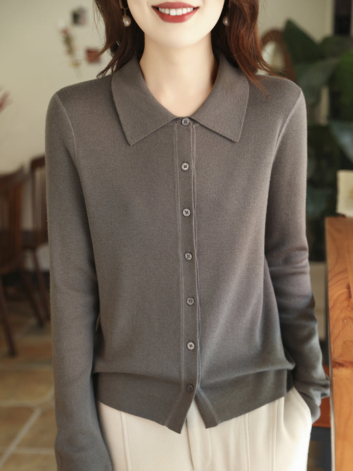 Women Lightweight Fine Knit Cardigan with Polo Collar and Continuous Button Placket Mune Fashion