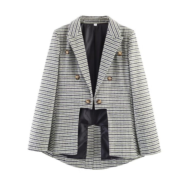 Women Double-Breasted Houndstooth Blazer with Tail Hem and Lapel Collar Mune Fashion