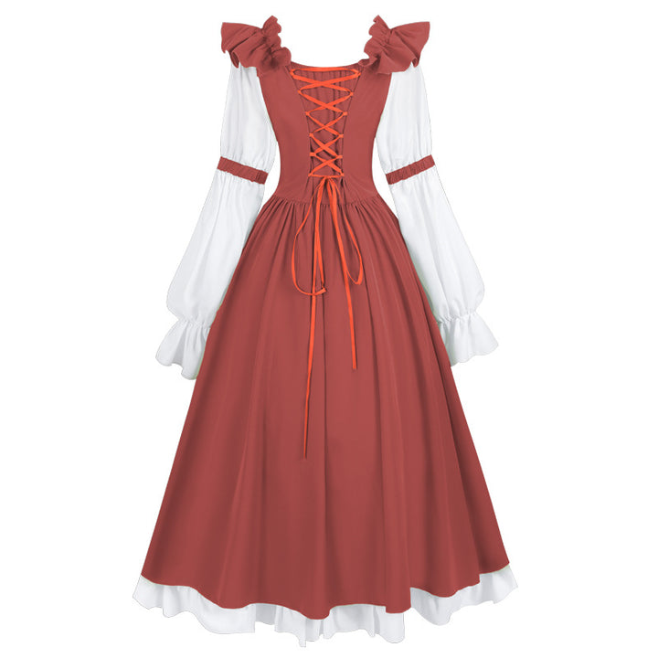 Ladies nan romantic Victorian dress with ruffled collar, tailored corset look, and flared circle skirt Mune Fashion