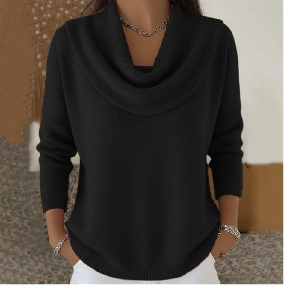 Women's shimmering knit sweater with waterfall collar, fine glitter structure and slim hem Mune Fashion