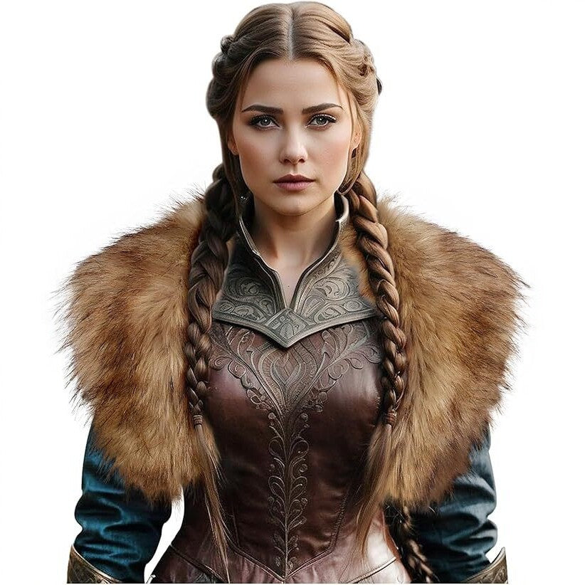 Ladies Medieval Faux Leather Breastplate with Embossed Ornamentation and Faux Fur Shoulder Collar Mune Fashion