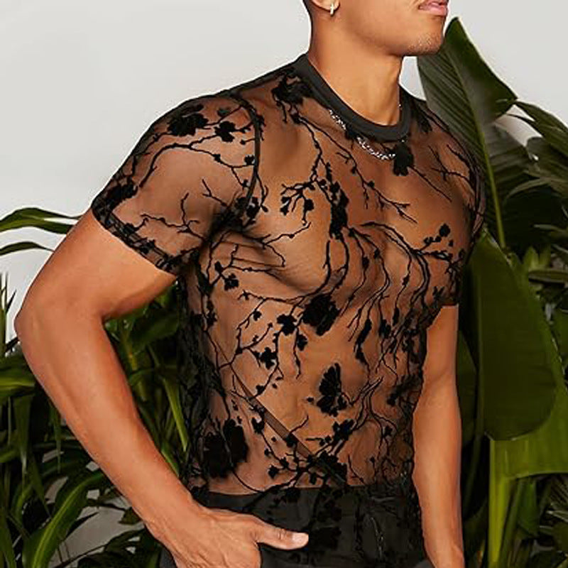 Women's nano transparent mesh top with floral velvet embroidery and round neckline Mune Fashion