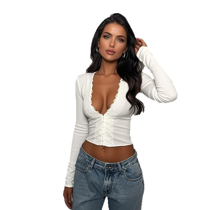 Women's fitted crop top with deep V-neck and lace trim Mune Fashion