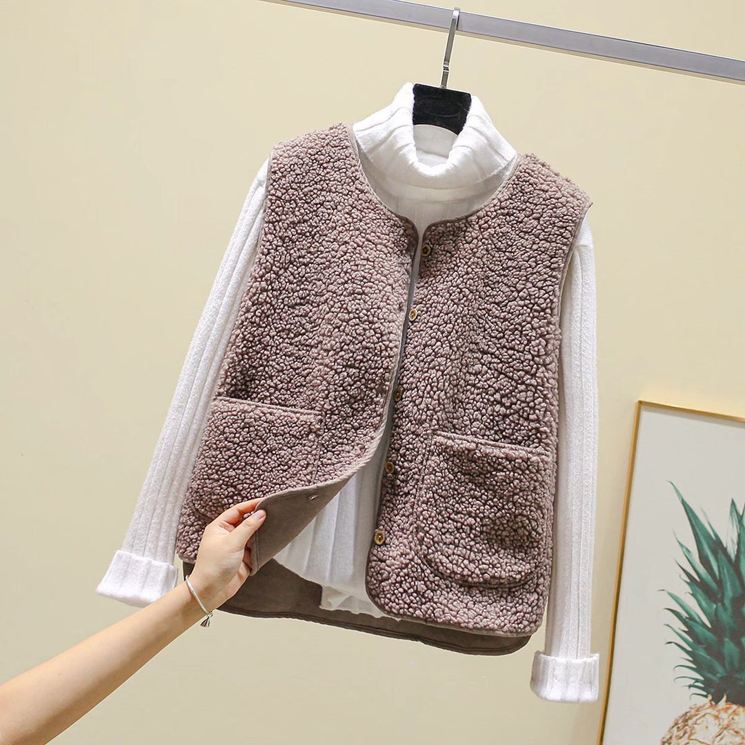 Ladies Teddy Fleece Vest with Button Placket and Patch Pockets Mune Fashion