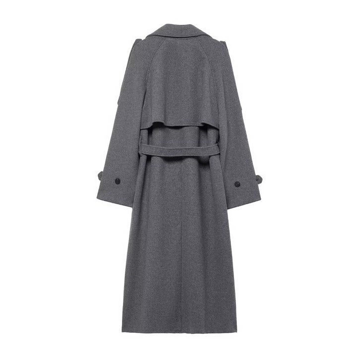 Women's long double-breasted wool coat with belted waist and shoulder flaps Mune Fashion
