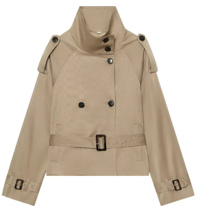 Women's short cut trench jacket with high stand-up collar and waist belt Mune Fashion
