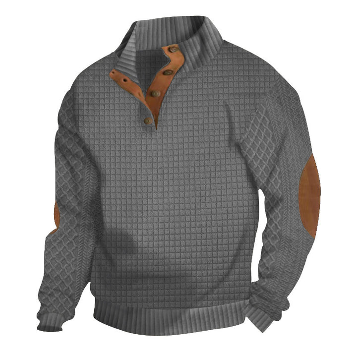 Men's waffle knit half-zip sweater with stand-up collar, leather accents, and elbow patches Mune Fashion