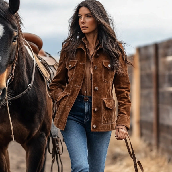 Women’s suede jacket in Western style with button placket and flap pockets Mune Fashion