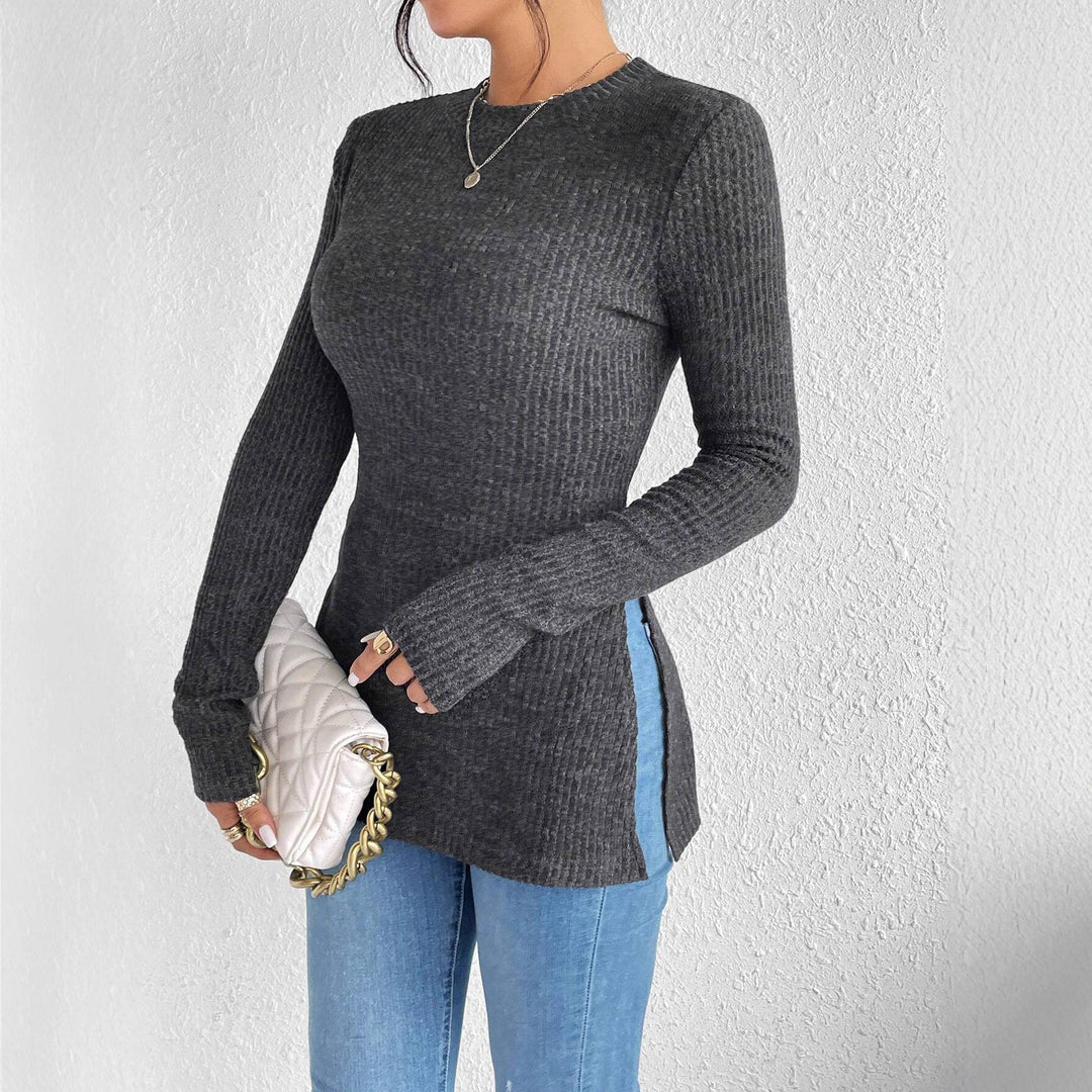 Women Ribbed Long Sleeve Shirt with Side Slit and Fitted Cut Mune Fashion