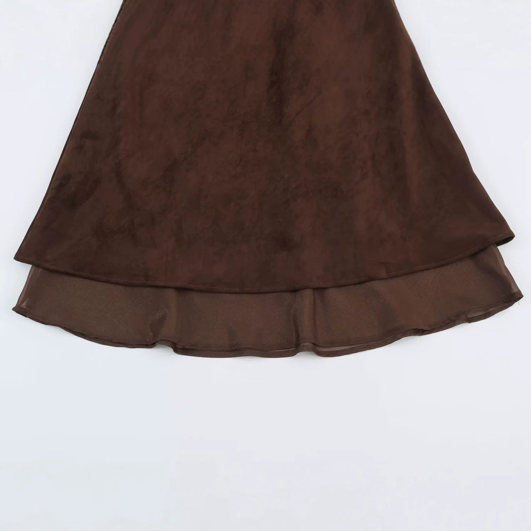 Women’s A-line midi skirt with velour look and chiffon ruffle Mune Fashion