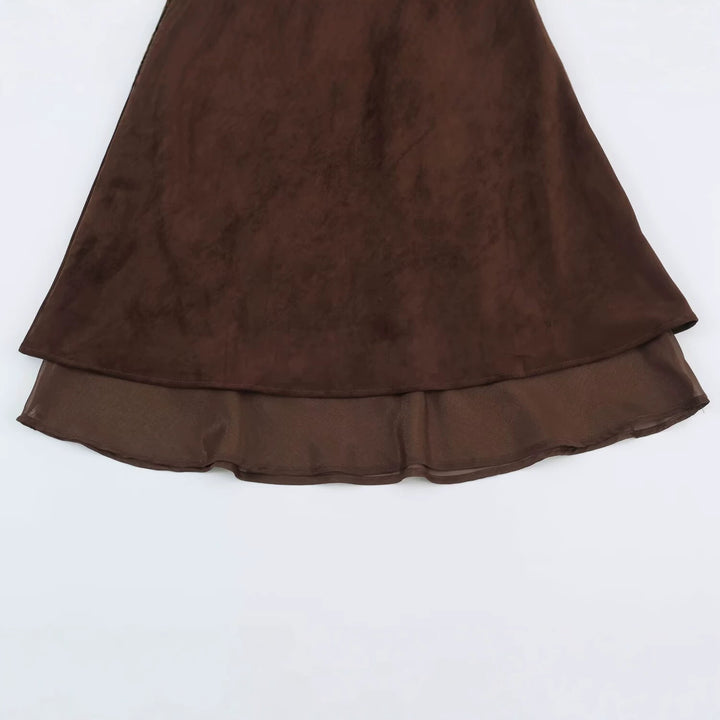 Women’s A-line midi skirt with velour look and chiffon ruffle Mune Fashion