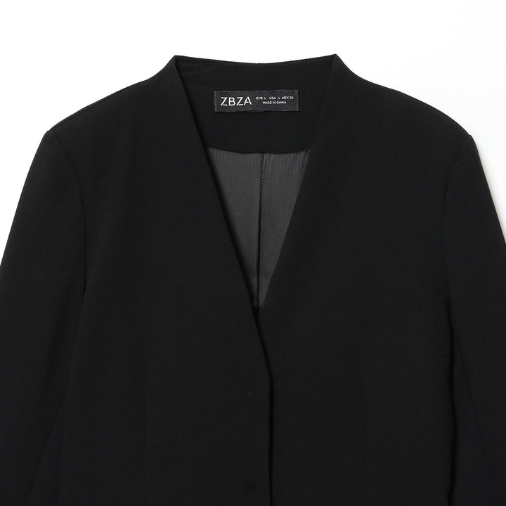 Women's uncollared long blazer with open front, flap pockets, and light stretch Mune Fashion