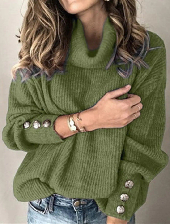 Women Oversize Roll Neck Sweater with Textured Knit and Decorative Buttons Mune Fashion