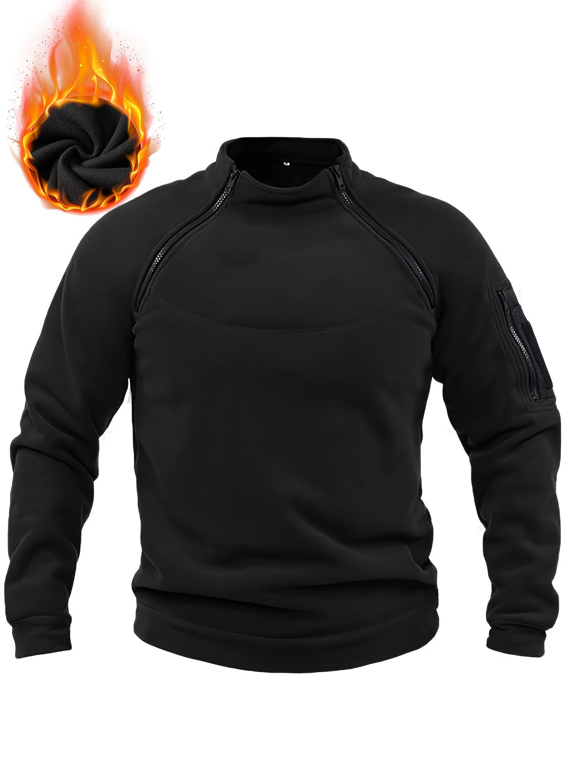 Men's Thermal Fleece Pullover with Shoulder Zippers, Stand Collar & Sleeve Utility Pocket Mune Fashion