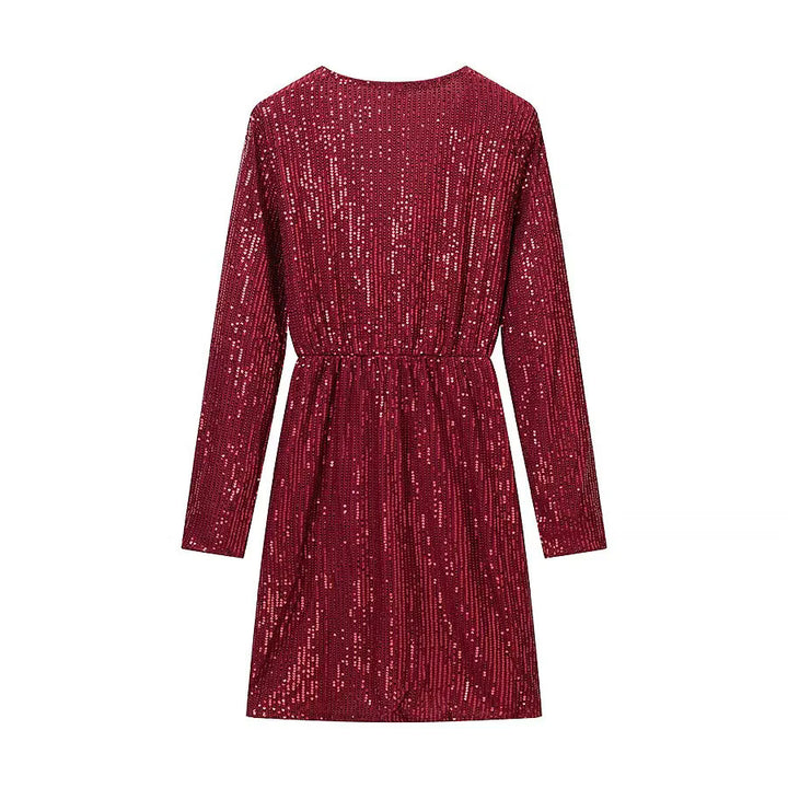 Women's wrap mini dress with sequin trim, deep V-neckline and fitted tie belt Mune Fashion