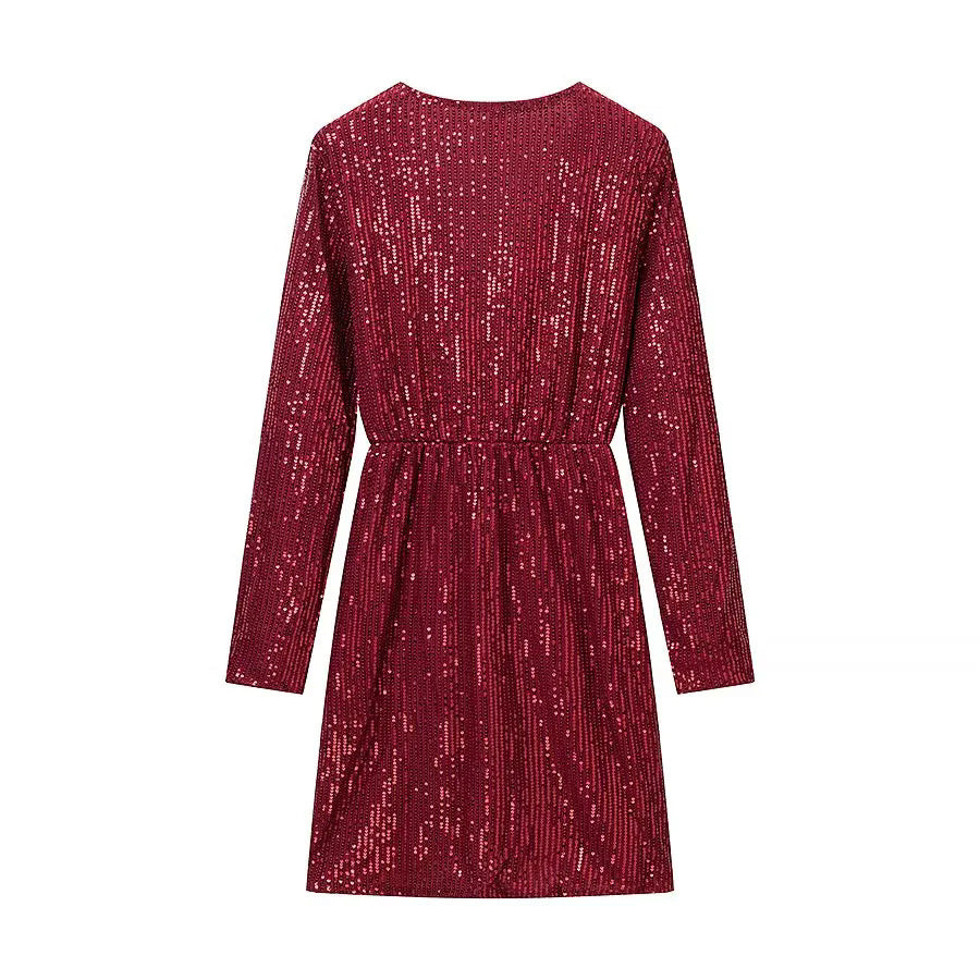 Women's wrap mini dress with sequin trim, deep V-neckline and fitted tie belt Mune Fashion