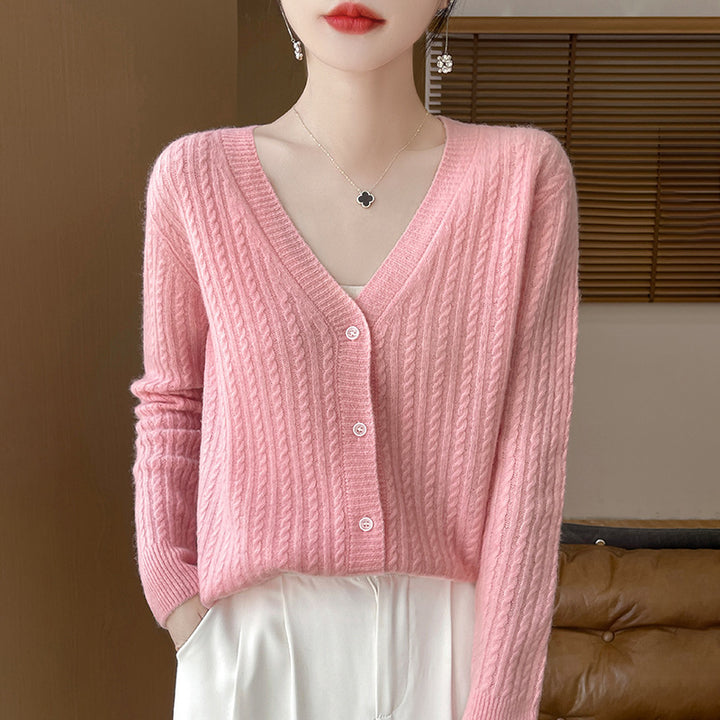 Women's Short-Cut Fine Knit Cardigan with V-Neck, Fine Ribbed Structure and Mother-of-Pearl Buttons Mune Fashion