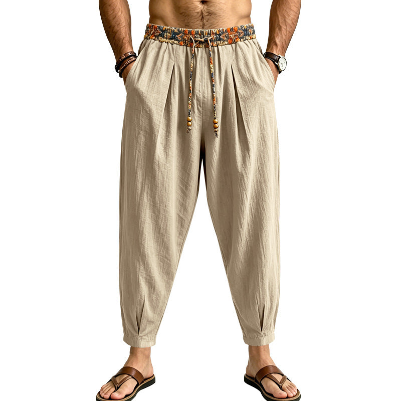 Men's Casual Harem Pants with Patterned Drawstring Waist and Tapered Ankle Cuffs Mune Fashion