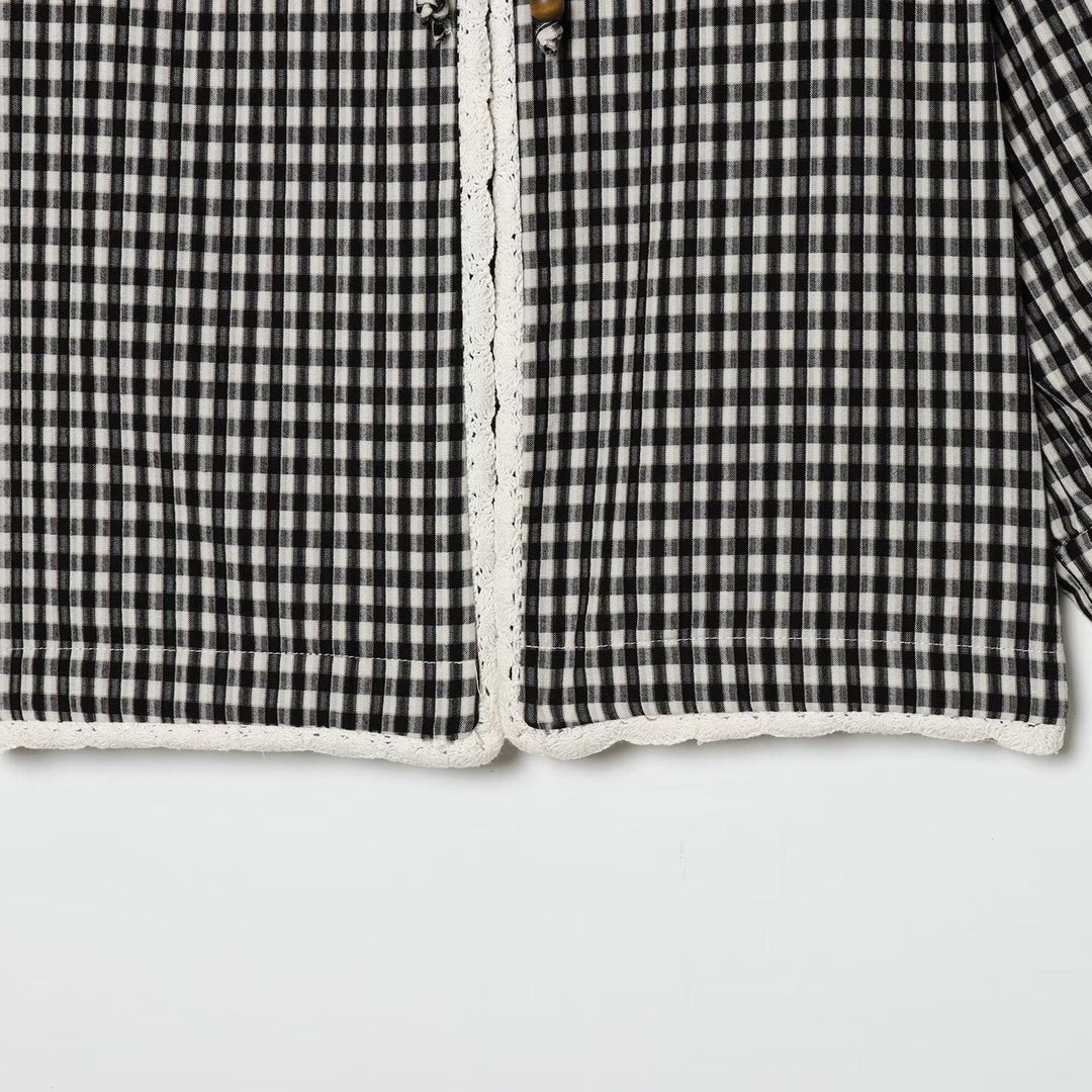 Women's Checked Blouse Jacket with Crochet Lace Trim, Tie Band and Puff Sleeves Mune Fashion