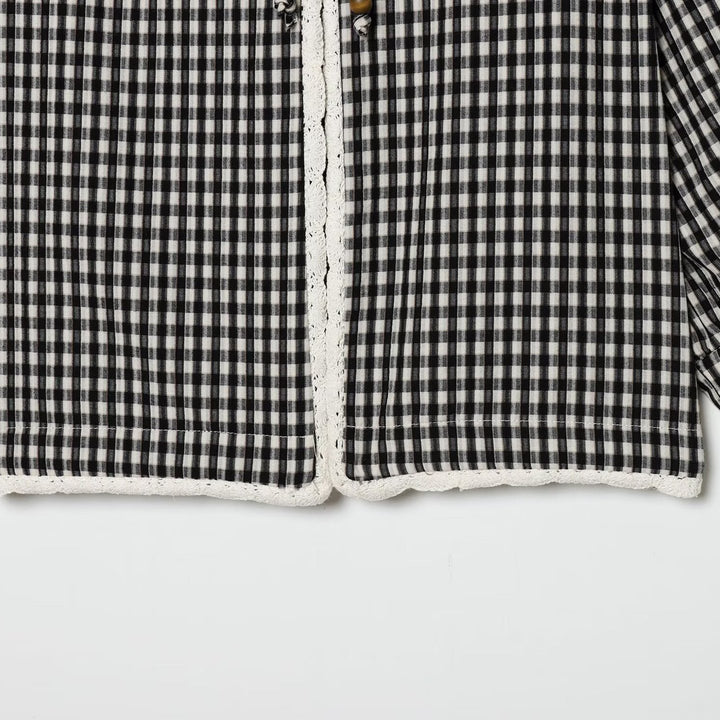 Women's Checked Blouse Jacket with Crochet Lace Trim, Tie Band and Puff Sleeves Mune Fashion