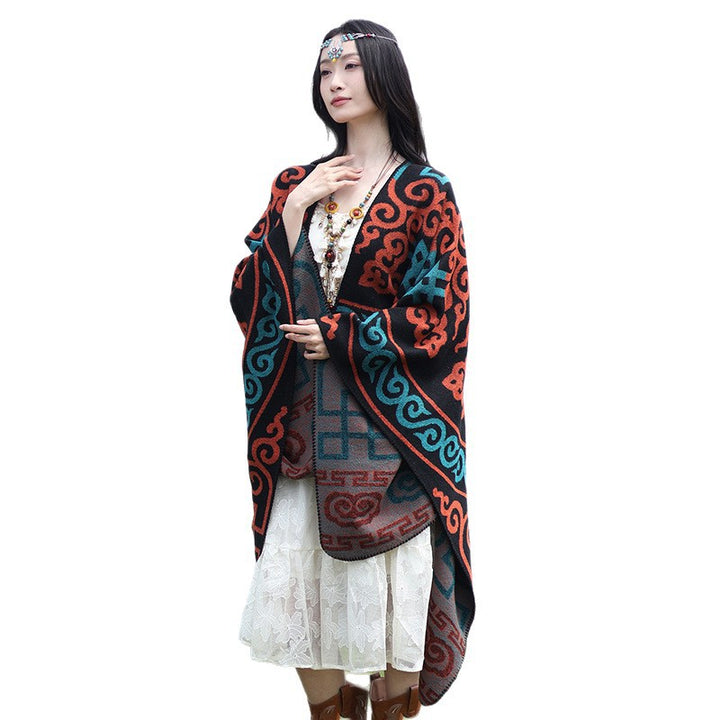 Women's jacquard wrap in ruana style with ornamental weaving structure Mune Fashion