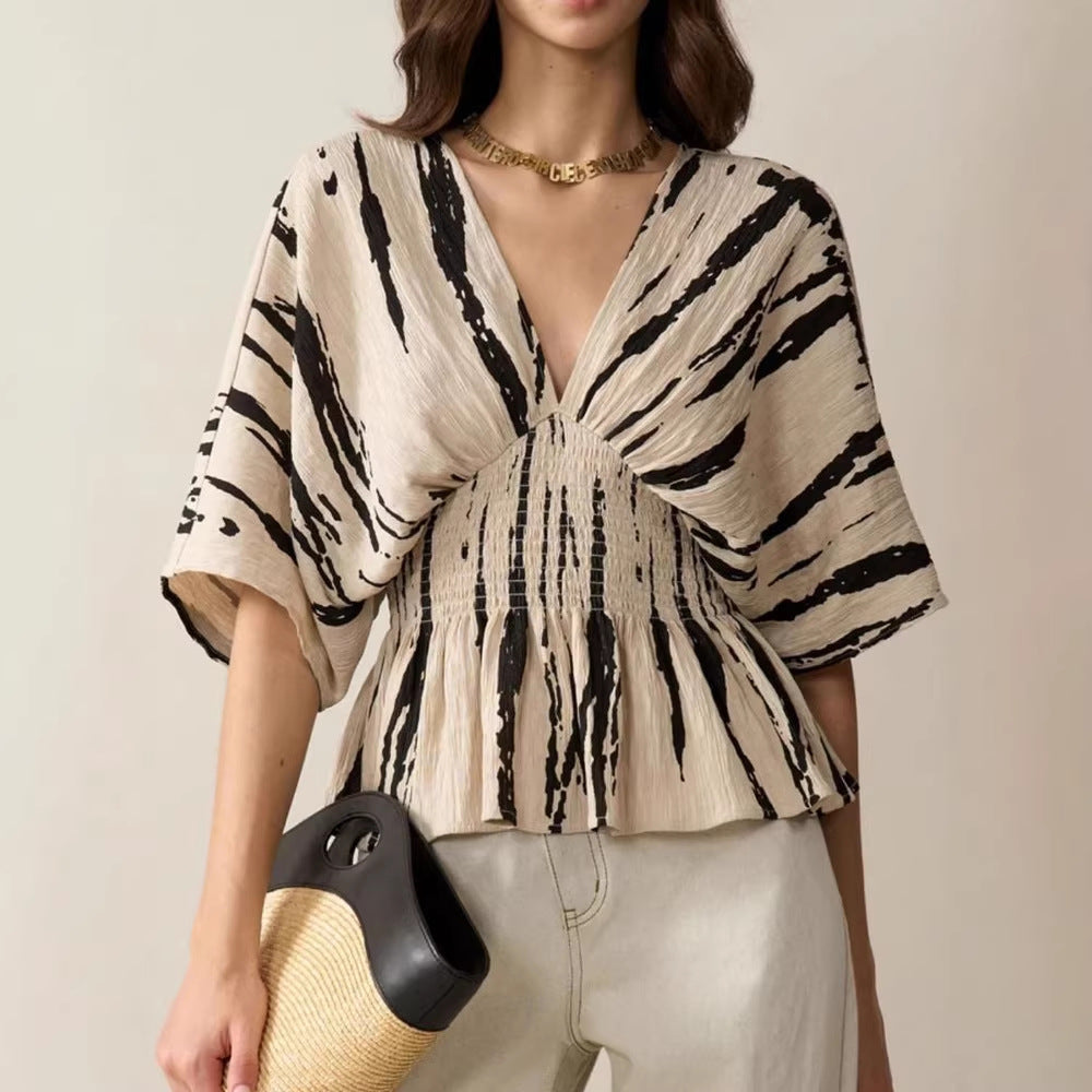 Women's V-Neck Blouse with Loose Fit and Ruching Mune Fashion