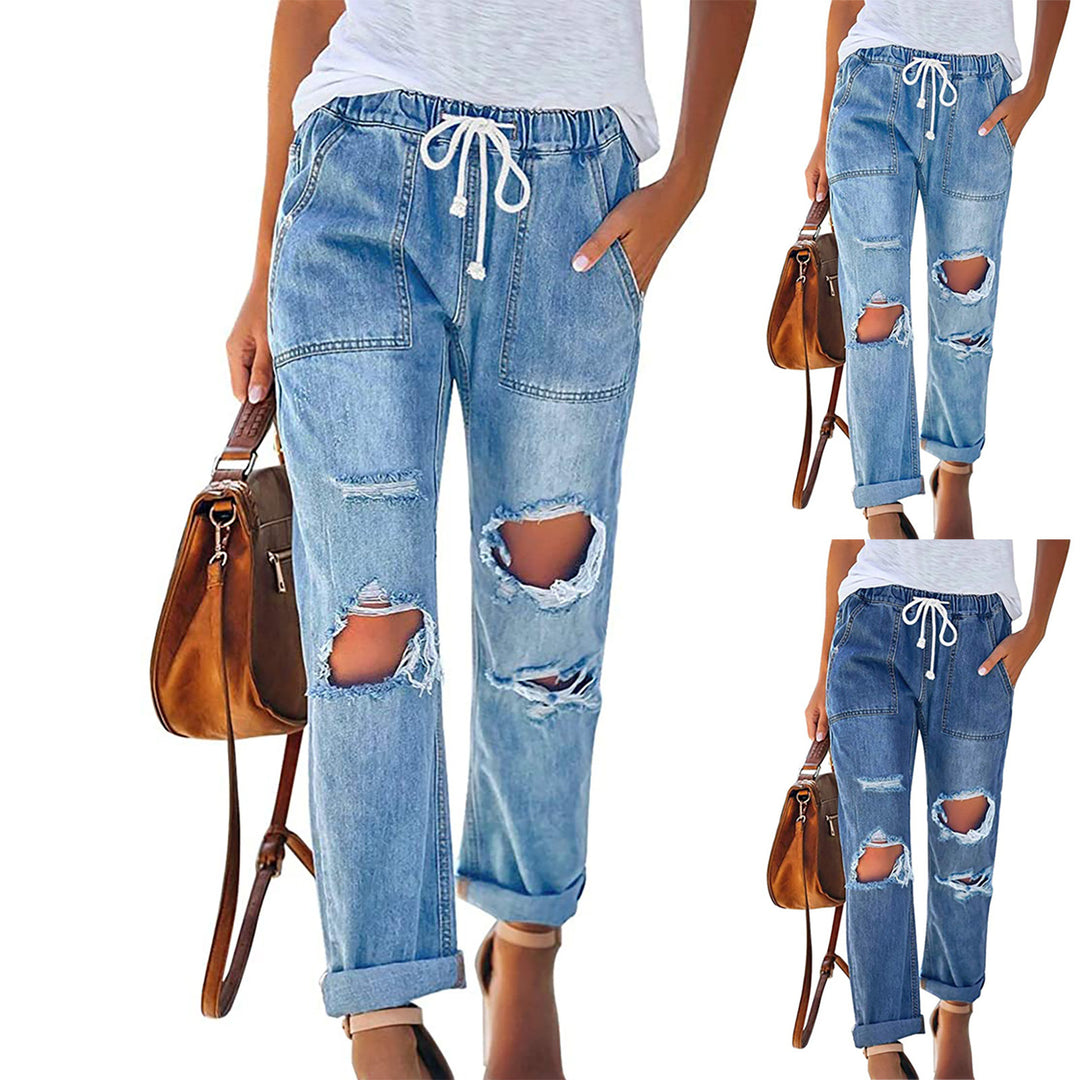 Women's casual destroyed denim jogger with elastic drawstring waistband and patch front pockets Mune Fashion