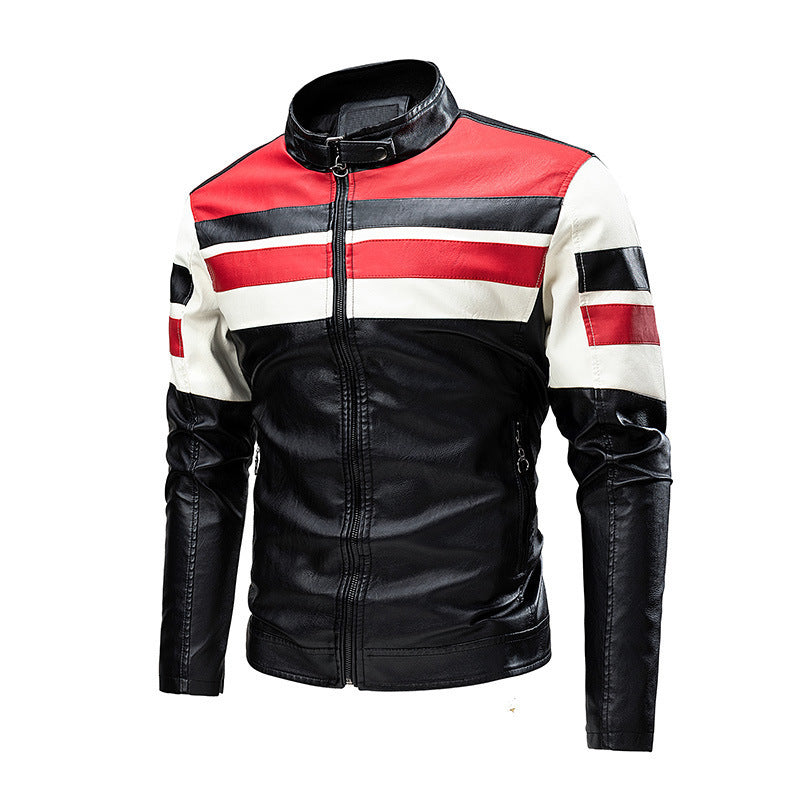 Men's retro-inspired motorcycle leather jacket with racing stripes and stand-up collar Mune Fashion