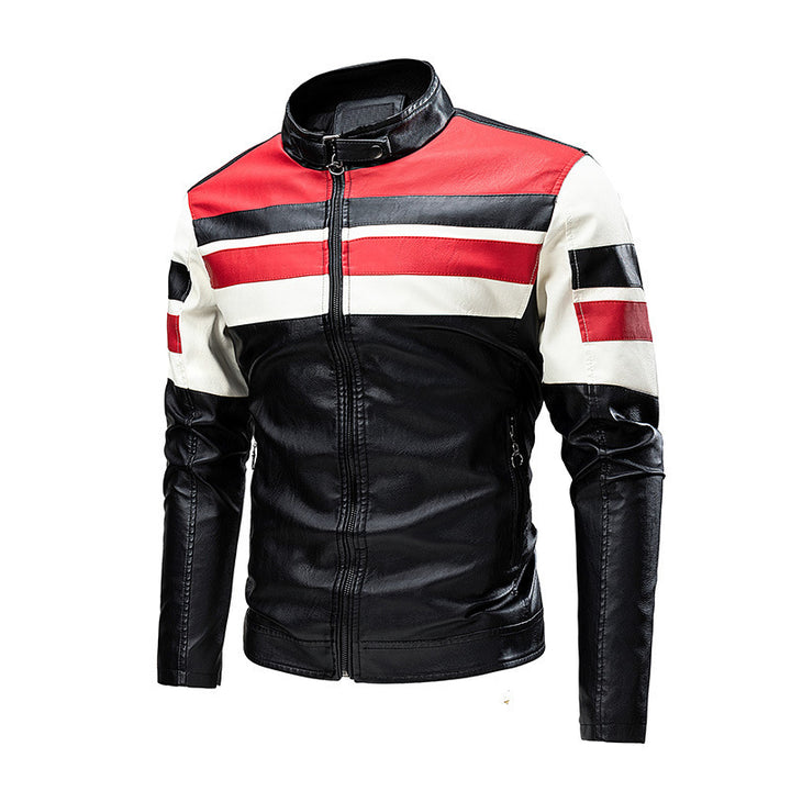 Men's retro-inspired motorcycle leather jacket with racing stripes and stand-up collar Mune Fashion