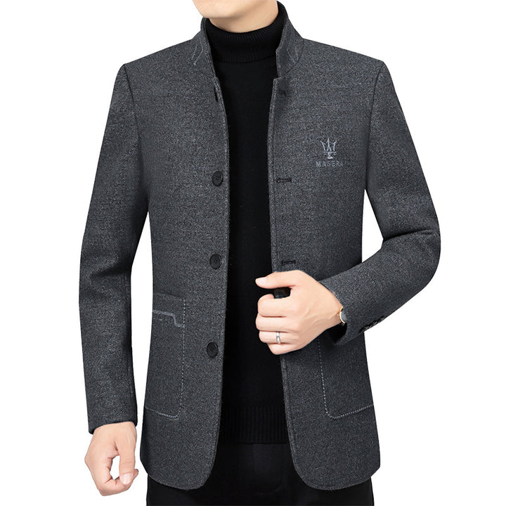 Men's Short Blazer in Suit Style with Stand Collar and Textured Wool Blend Mune Fashion