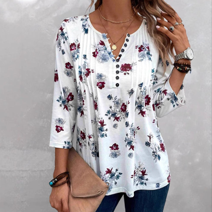Women's floral tunic blouse with pleats and decorative button placket Mune Fashion