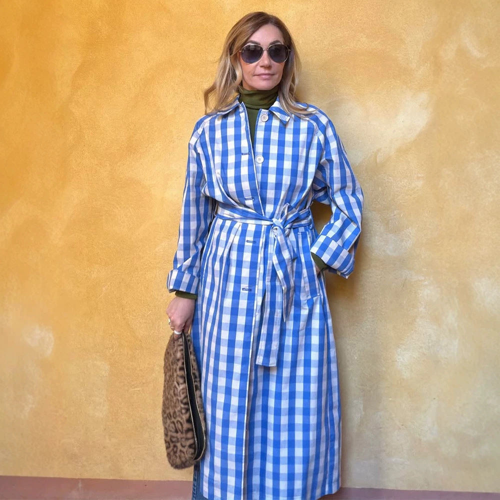 Women's long checkered coat with waist belt and shirt collar Mune Fashion
